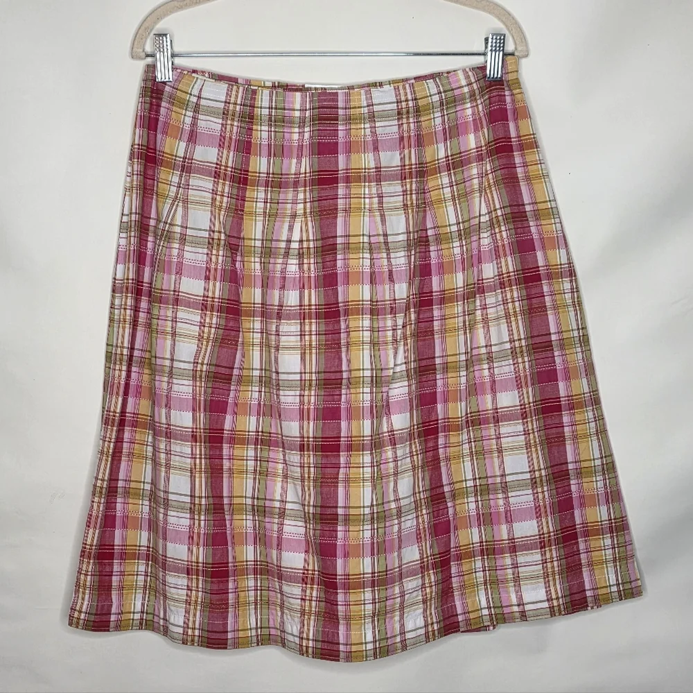 Talbots Madras Plaid Skirt Size 8 Cotton Pink White Side Zip Summer Preppy Boho